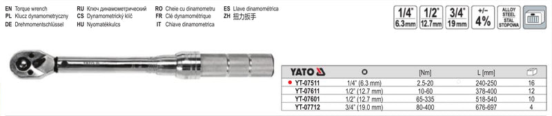Cheie dinamometrica cu sistem de prindere 1/4 inch Yato YT-07511, 2.5-20 Nm