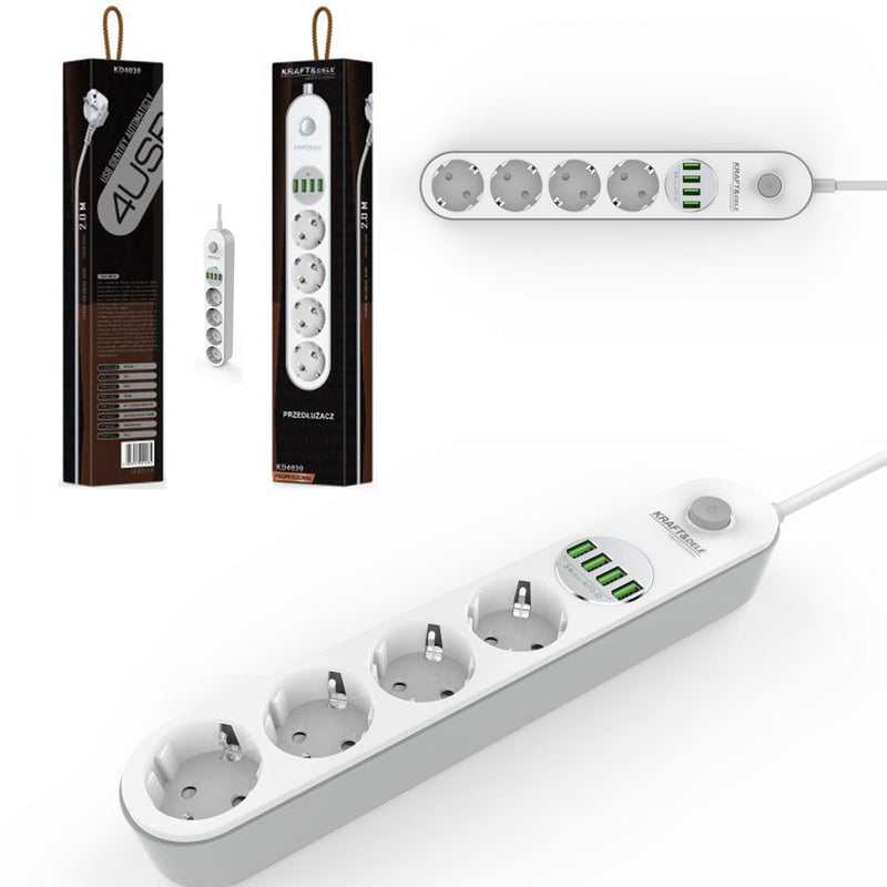 Prelungitor electric cu intrerupator Kraft&Dele KD4030 4 prize, 4 mufe USB, 2m