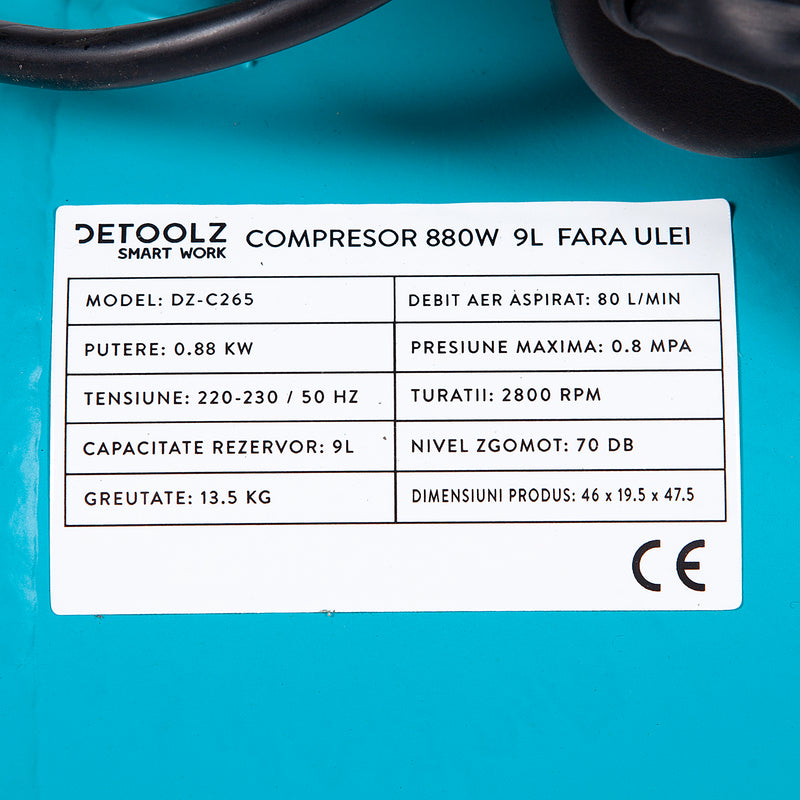 Compresor aer fara ulei Detoolz DZ-C265, 650W , 8bar, 9 L