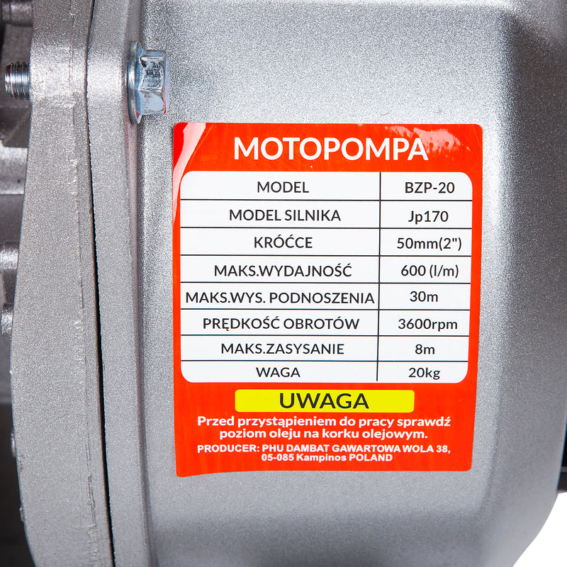 Motopompa IBO Dambat BZP-20, 2 toli, 6.5CP, 600 l/min, H refulare 30m, motor 4 timpi