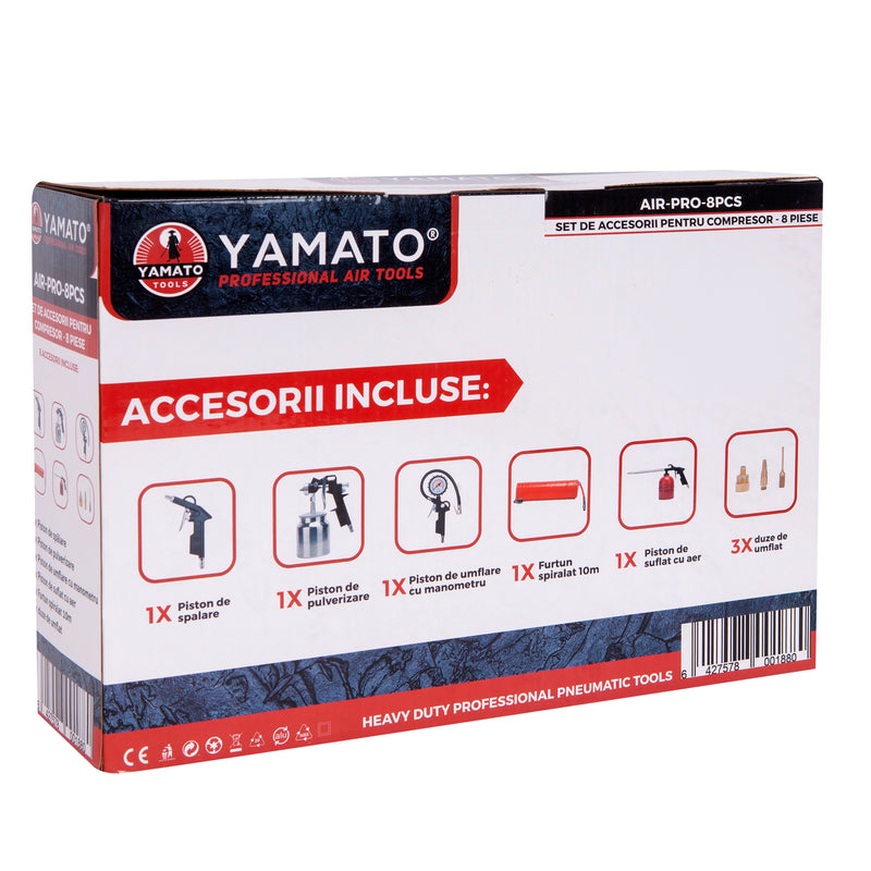 Kit 8 accesorii compresor Yamato AIR-PRO, 1-12 Bar, furtun presiune 10m