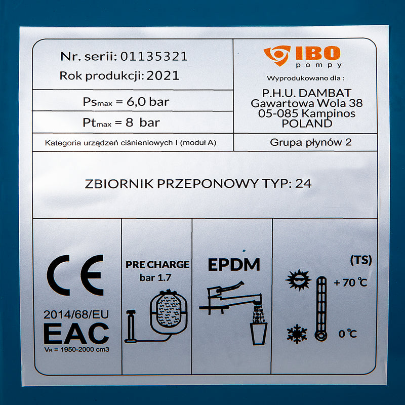 Vas expansiune hidrofor 24 litri, IBO Dambat, Rezervor tip butelie cu Membrana Inclusa