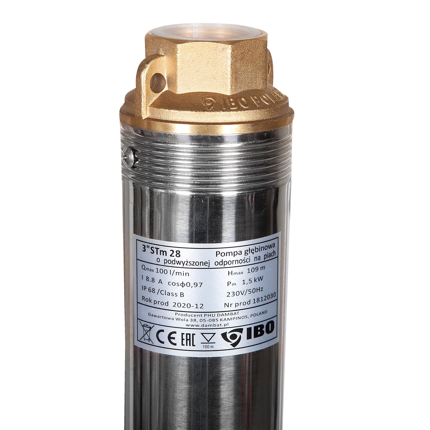 Pompa submersibila IBO Dambat 3STM28, 1.5 kW, debit 100l/min, H refulare 108m, cablu 20m, rezistenta sporita la nisip
