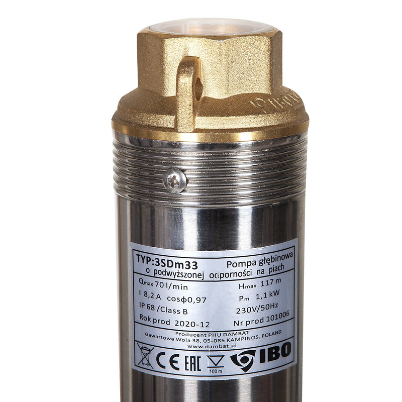 Kit hidrofor 24L cu pompa submersibila IBO Dambat 3SDM33, 1.1 kW, debit 70l/min, H refulare 117m, cablu 20m, rezistenta la nisip