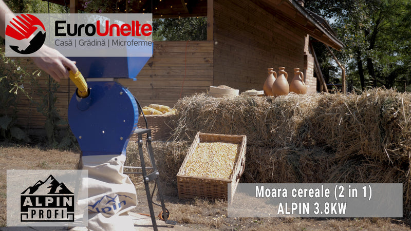 Set Moara cereale, stiuleti, lucerna si legume (4 in 1), Alpin Profi, 3.8KW, 300Kg/Ora,+ suport metal