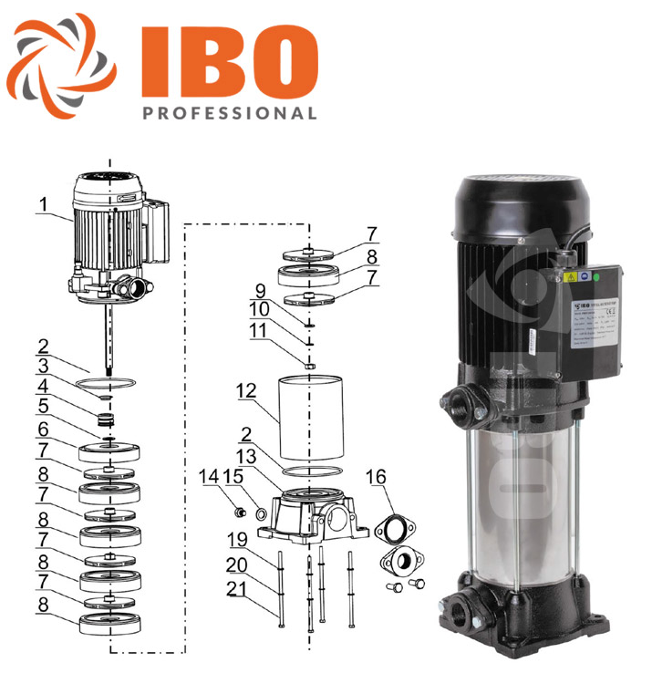 Pompa de suprafata multietajata IBO IPRO Professional VMH 1500/5 230V, 1500W, 125l/min, H refulare max 66m