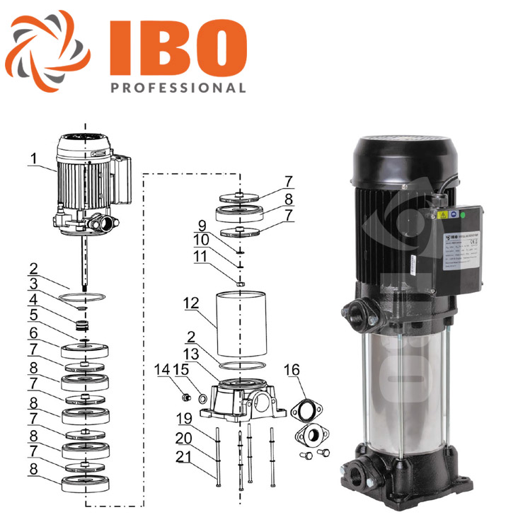 Pompa de suprafata multietajata IBO IPRO Professional VMH 2200/10 400V, 4000W, 200l/min, H refulare max 148m, de suprafata