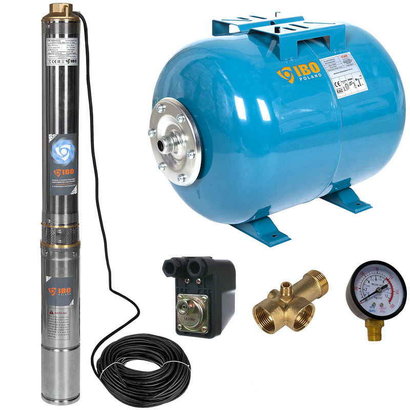Kit hidrofor 24L cu pompa submersibila IBO Dambat 4SDM2/12, 0.75kW, debit 80l/min, H refulare 85m, racord 1.5 toli, rezistenta la nisip