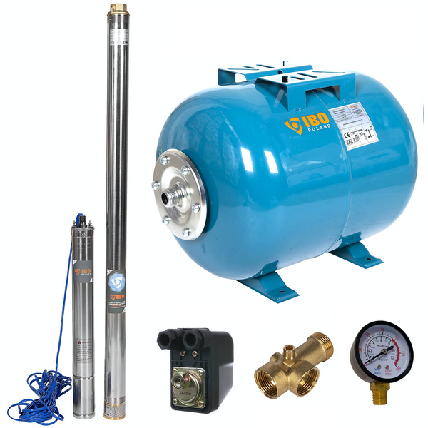 Kit hidrofor 24L cu pompa submersibila IBO Dambat 3STM28, 1.5 kW, debit 100l/min, H refulare 108m, cablu 20m, rezistenta la nisip