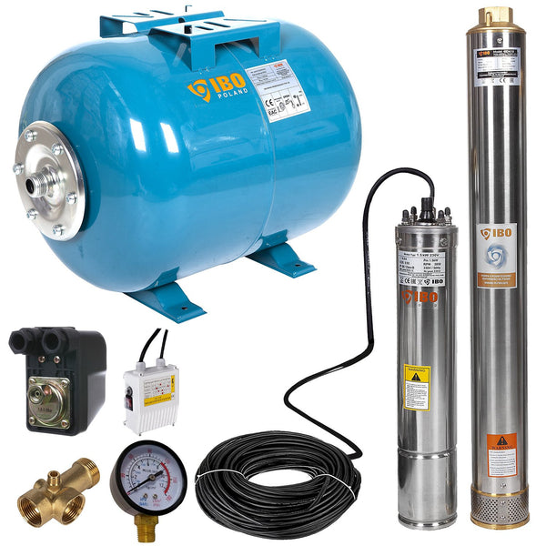 Kit hidrofor 50L cu pompa submersibila IBO Dambat 4SDM4/18, 1.5kW, debit 100l/min, H refulare 131m, racord 1.5 toli, rezistenta la nisip