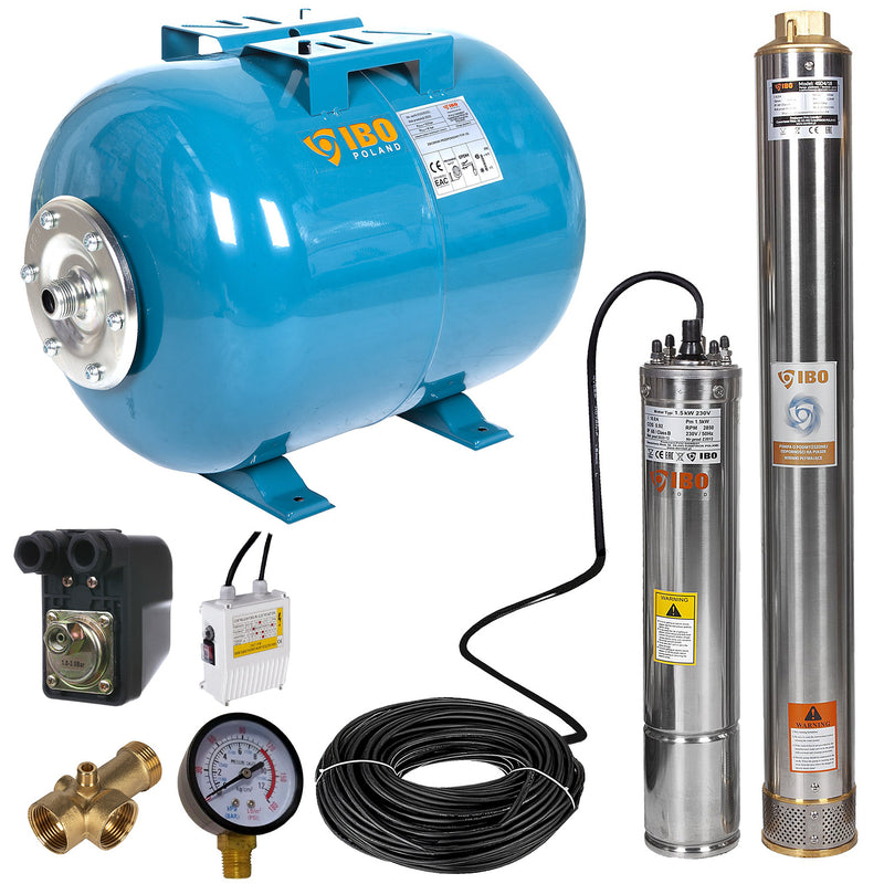 Kit hidrofor 24L cu pompa submersibila IBO Dambat 4SDM4/18, 1.5kW, debit 100l/min, H refulare 131m, racord 1.25 toli, rezistenta la nisip
