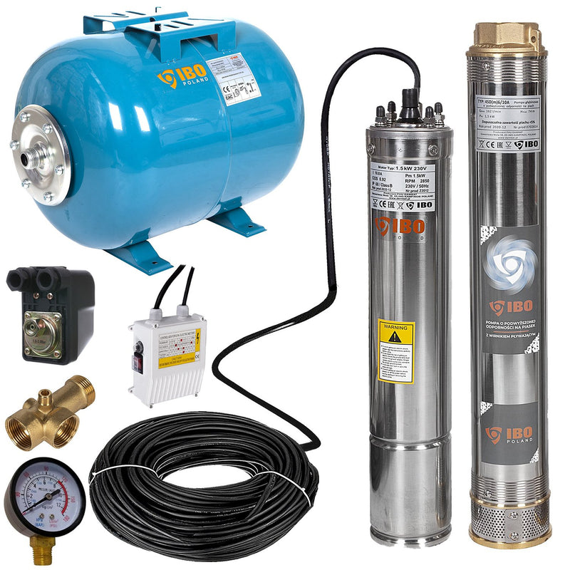 Kit hidrofor 50L cu pompa submersibila IBO Dambat 4SDM6/10, 1.5kW, debit 162l/min, H refulare 74m, racord 2 toli, rezistenta la nisip