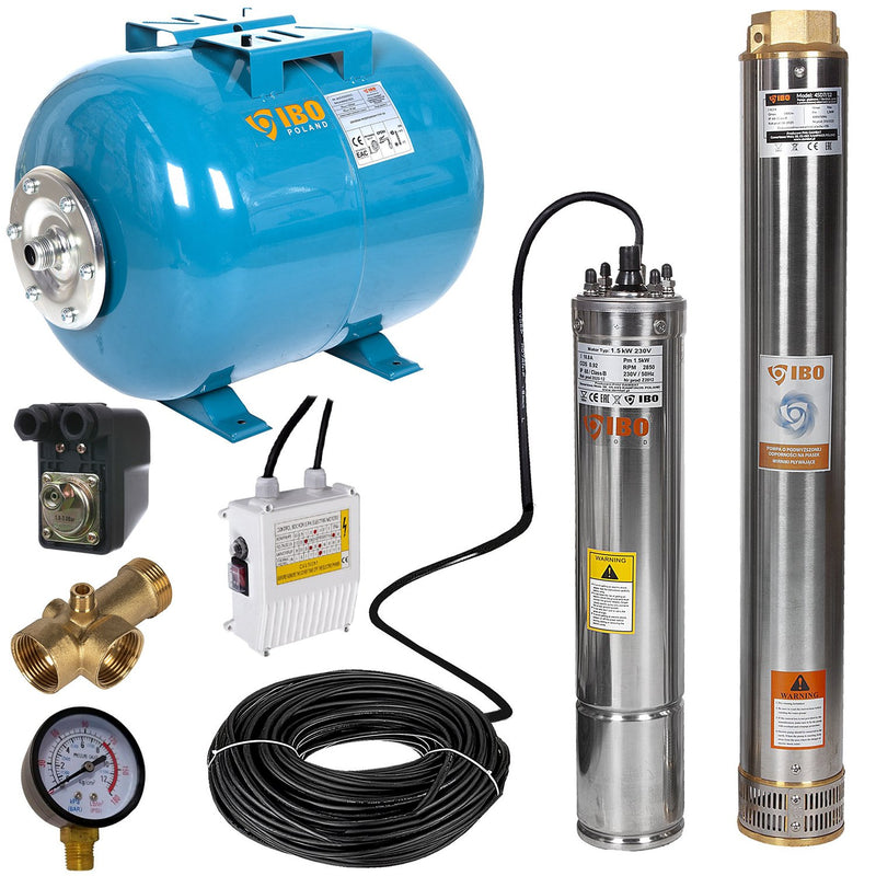 Kit hidrofor 50L cu pompa submersibila IBO Dambat 4SDM7/12, 1.5kW, debit 200l/min, H refulare 76m, racord 2 toli, rezistenta la nisip
