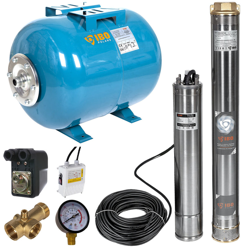Kit hidrofor 24L cu pompa submersibila IBO Dambat 4SDM6/14, 2.2kW, debit 162l/min, H refulare 103m, racord 2 toli, rezistenta la nisip