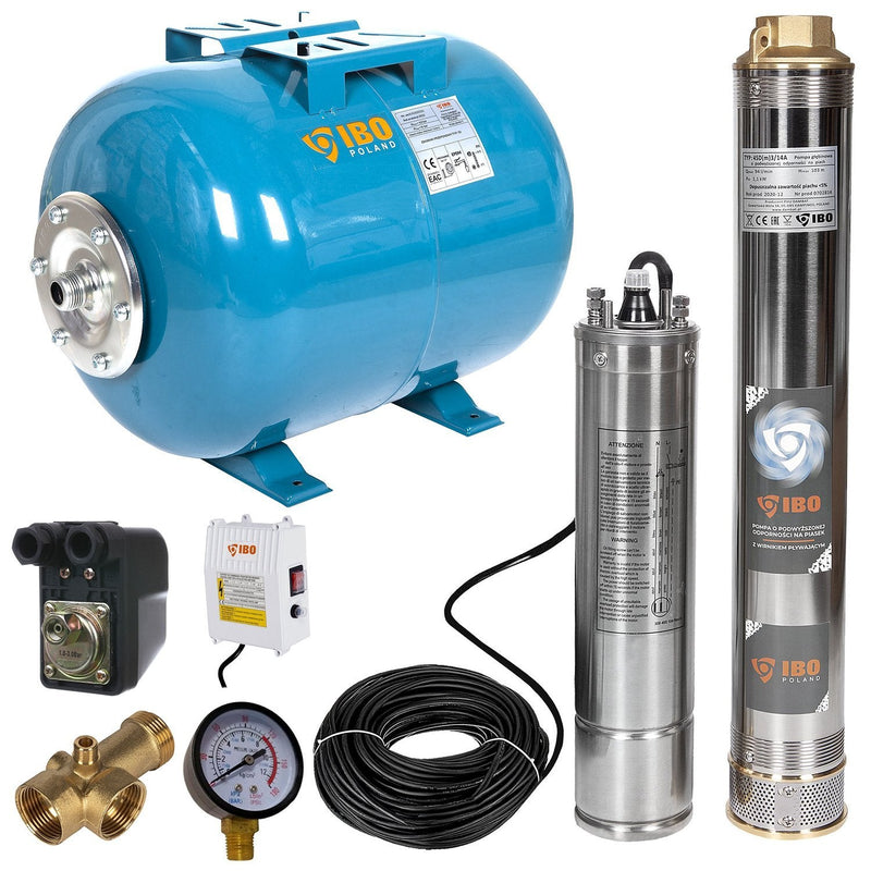 Kit hidrofor 24L cu pompa submersibila IBO Dambat 4SDM4/14, 1.1kW, debit 120l/min, H refulare 102m, racord 1.5 toli, rezistenta la nisip