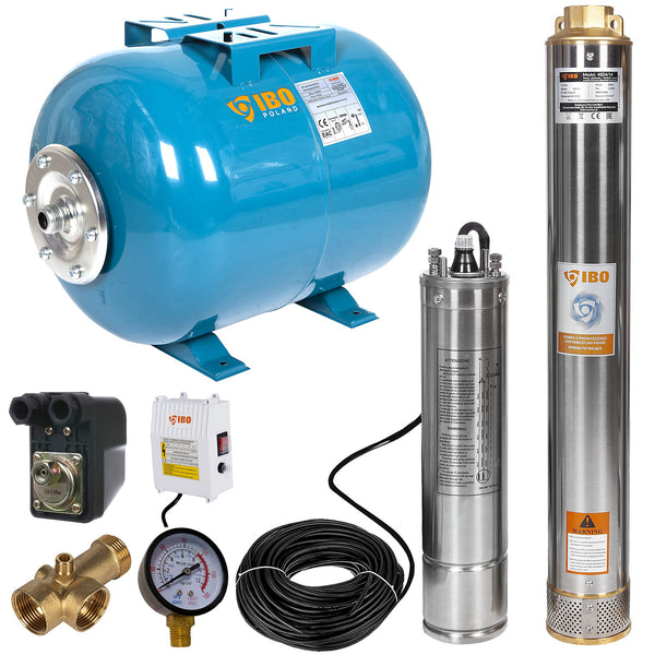 Kit hidrofor 24L cu pompa submersibila IBO Dambat 4SDM3/18, 1.5kW, debit 94l/min, H refulare 135m, racord 1.5", rezistenta la nisip