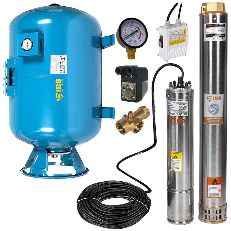 Kit hidrofor 100L vertical/orizontal cu pompa submersibila IBO Dambat 4SDM7/12, 1.5kW, debit 200l/min, H refulare 76m, racord 2
