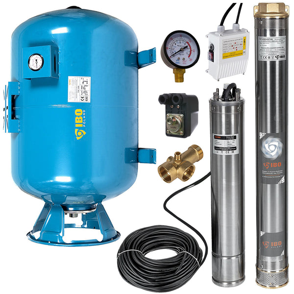 Kit hidrofor 100L vertical/orizontal cu pompa submersibila IBO Dambat 4SDM6/14, 2.2kW, debit 162l/min, H refulare 103m, racord 2 toli, rezistenta la nisip