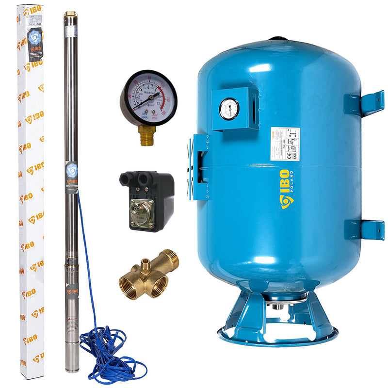 Kit hidrofor 100L vertical/orizontal cu pompa submersibila IBO Dambat 2.5STM31, 0.55 kW, debit 45l/min, H refulare 85m, cablu 20m